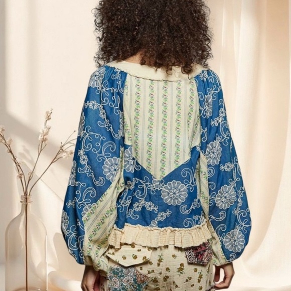 POL Denim & Cream Woven Floral Boho Top with Ruffle Hem - Picture 4 of 6